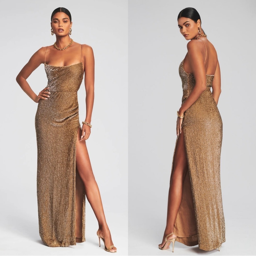 Retrofete Katya Sequin Cowl Neck Bronze Maxi Dress